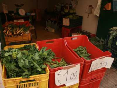 le indicazioni ci portano in un locale dove in realt� troviamo anche fave, insalate, zucche, patate, bottiglie di vino e olio